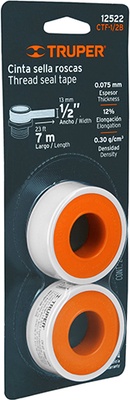 Cintas Teflon Truper 2 Rollos 7 Metros 13 mm Cintas Teflon Truper 2 Rollos 7 Metros 13 mm