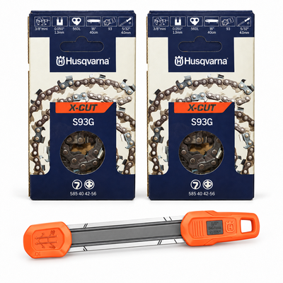 Pack motosierra: 2 cadenas Husqvarna S93G 3/8 bajo perfil 1,3 mm 56 eslabones + afilador 2 en 1 Husqvarna 4,0 mm Pack motosierra: 2 cadenas Husqvarna S93G 3/8 bajo perfil 1,3 mm 56 eslabones + afilador 2 en 1 Husqvarna 4,0 mm