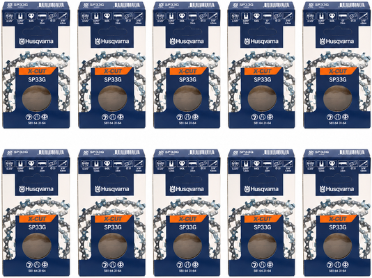 Pack 10 cadenas de motosierra Husqvarna X-CUT SP33G 64 eslabones · .325 · 1,3 mm Pack 10 cadenas de motosierra Husqvarna X-CUT SP33G 64 eslabones · .325 · 1,3 mm